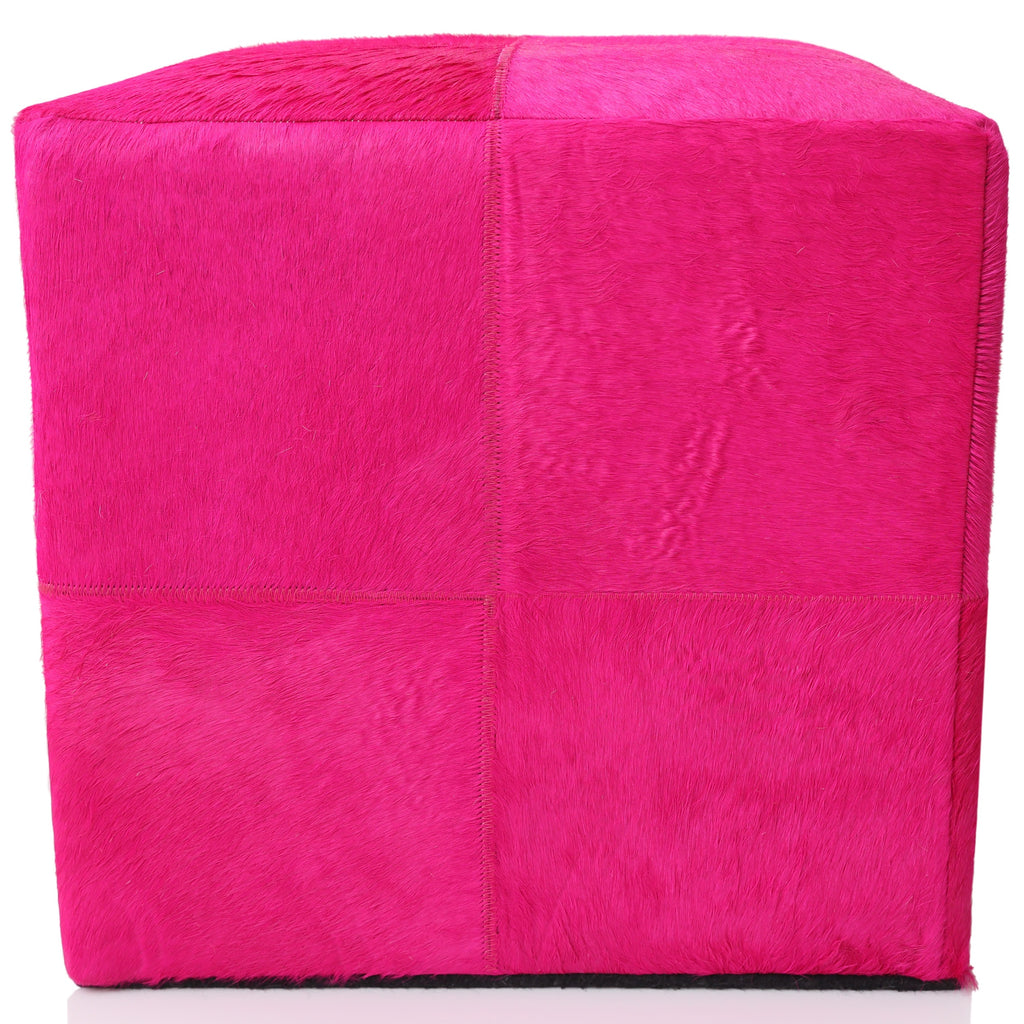 Handmade Fuchsia Cowhide Leather Ottoman Pouf 18x18 Statement Cube