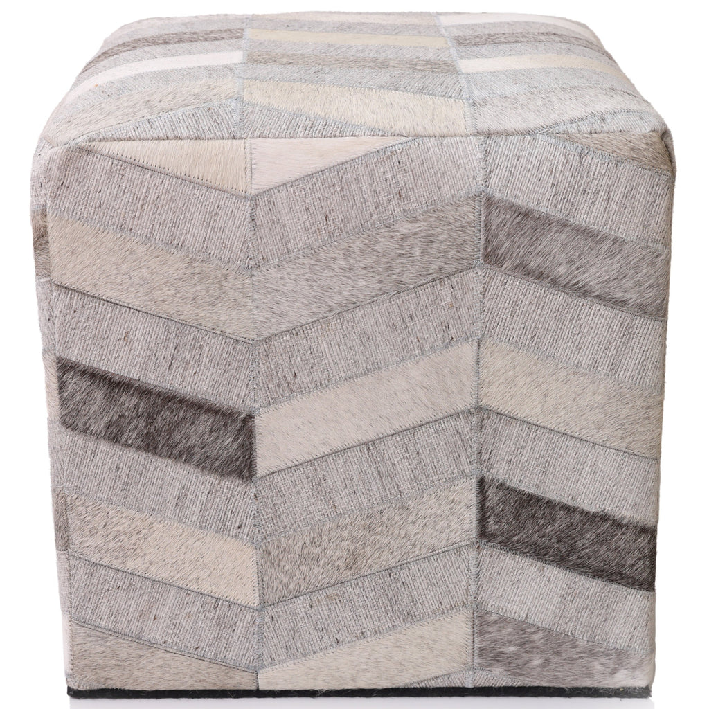 Handmade Patchwork Cowhide Leather Cube Ottoman Pouf 18x18 Neutral