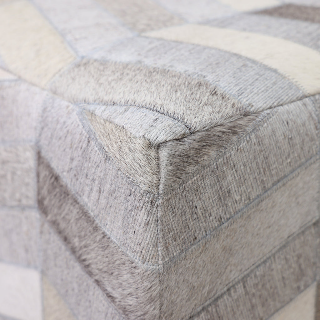 Handmade Patchwork Cowhide Leather Cube Ottoman Pouf 18x18 Neutral