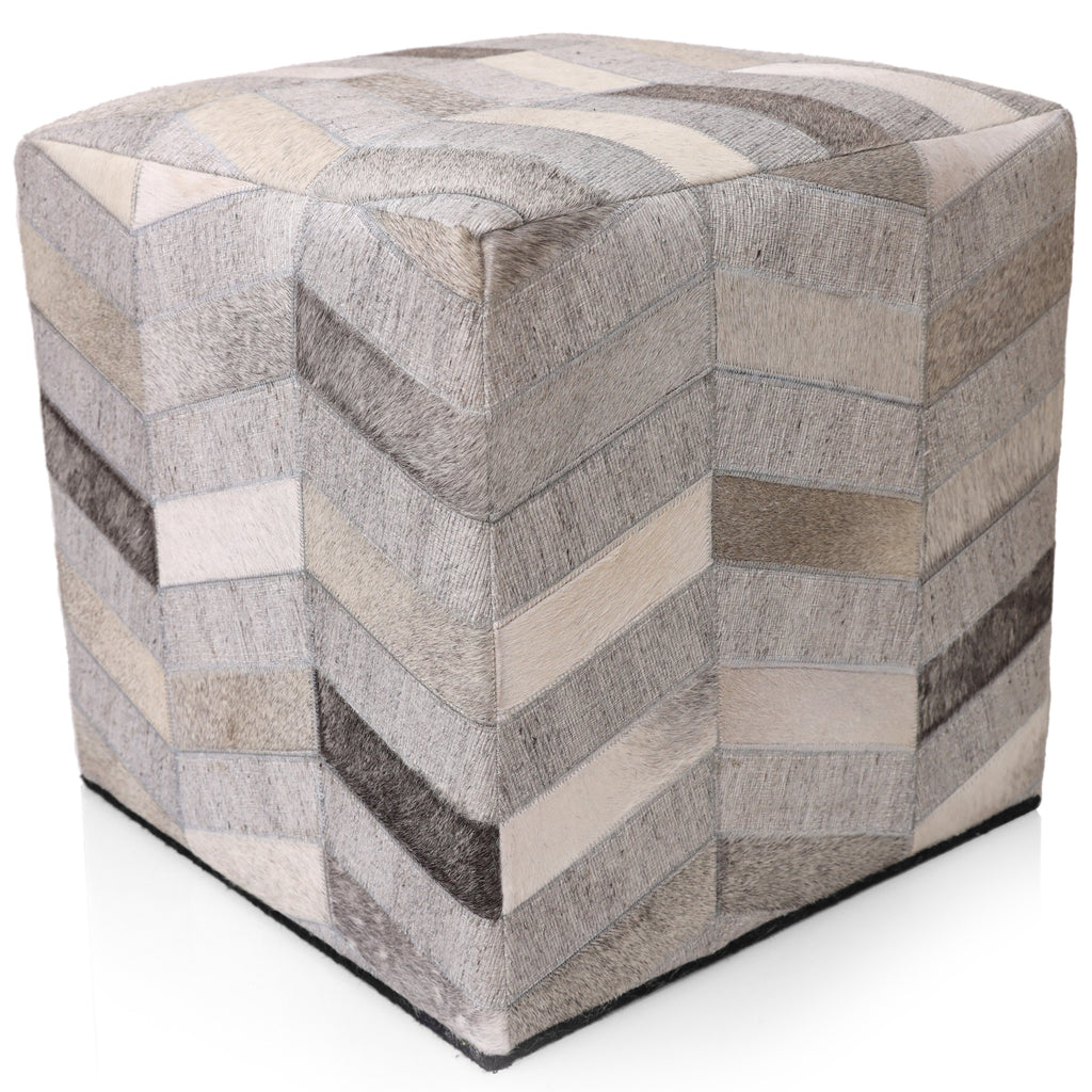 Handmade Patchwork Cowhide Leather Cube Ottoman Pouf 18x18 Neutral