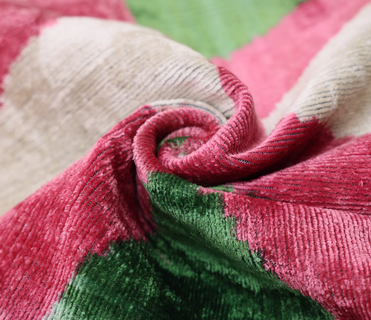 Hand-Knotted Silk Velvet Ikat Lumbar Pillow - 16x24 Pink & Grass Green