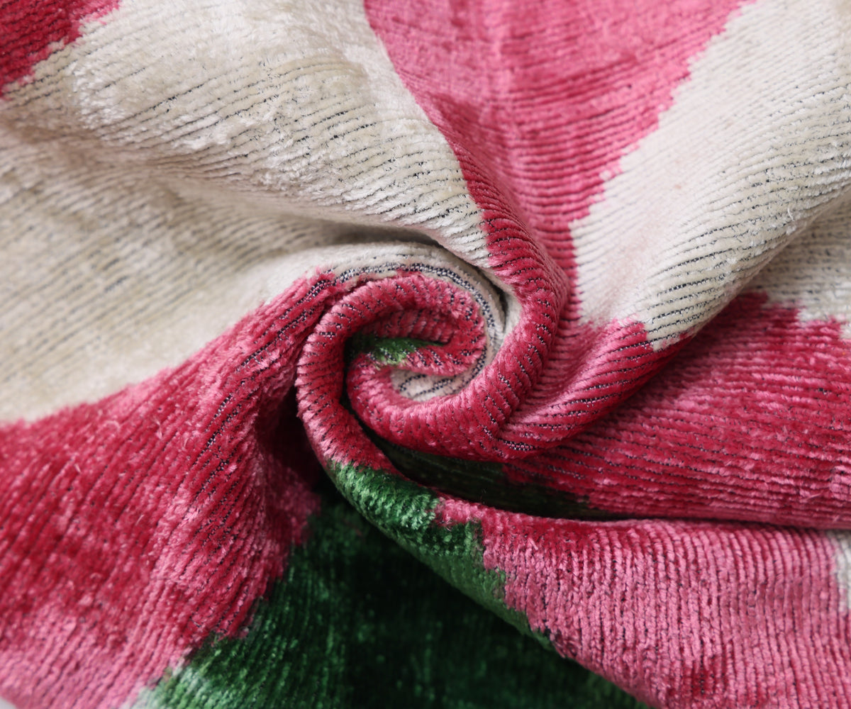 Hand-Knotted Silk Velvet Ikat Lumbar Pillow - 16x24 Pink & Grass Green