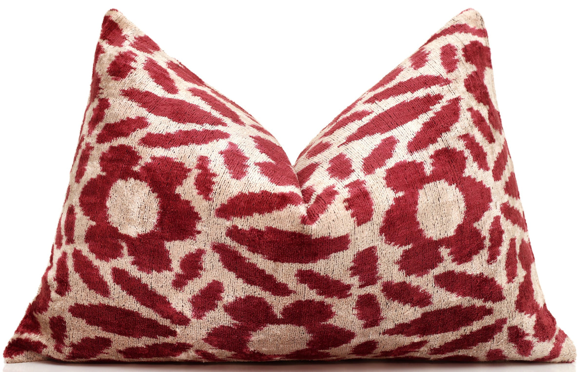 Ruby Red & Ivory Ikat Velvet Lumbar Pillow 16x24 | Classic Statement Luxury