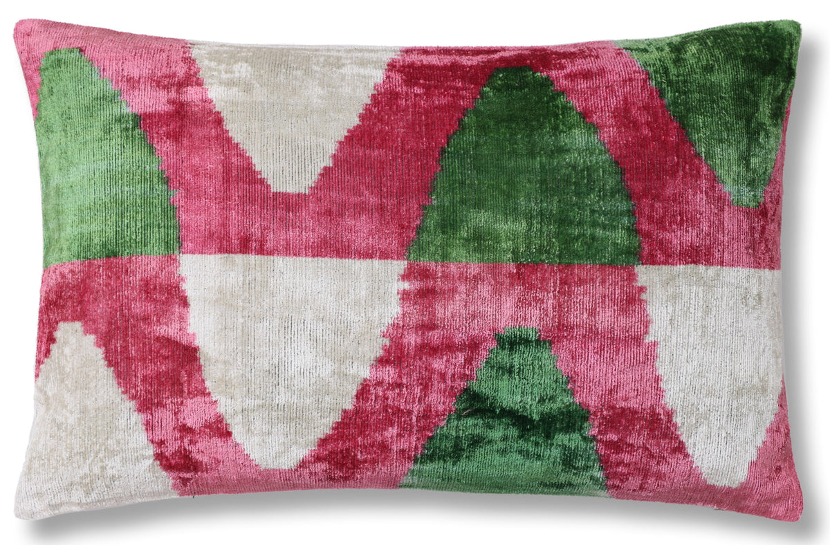 Hand-Knotted Silk Velvet Ikat Lumbar Pillow - 16x24 Pink & Grass Green