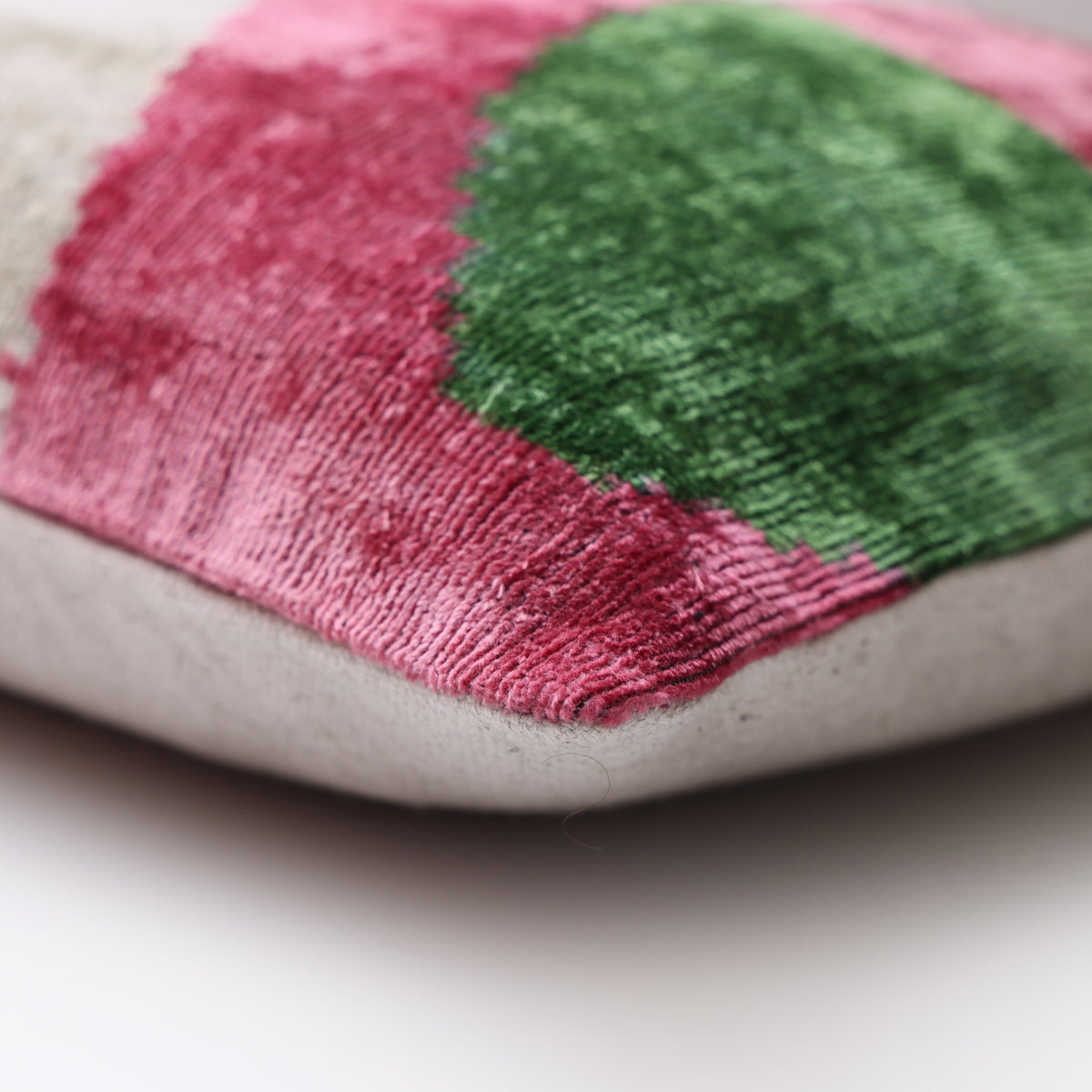 Hand-Knotted Silk Velvet Ikat Lumbar Pillow - 16x24 Pink & Grass Green