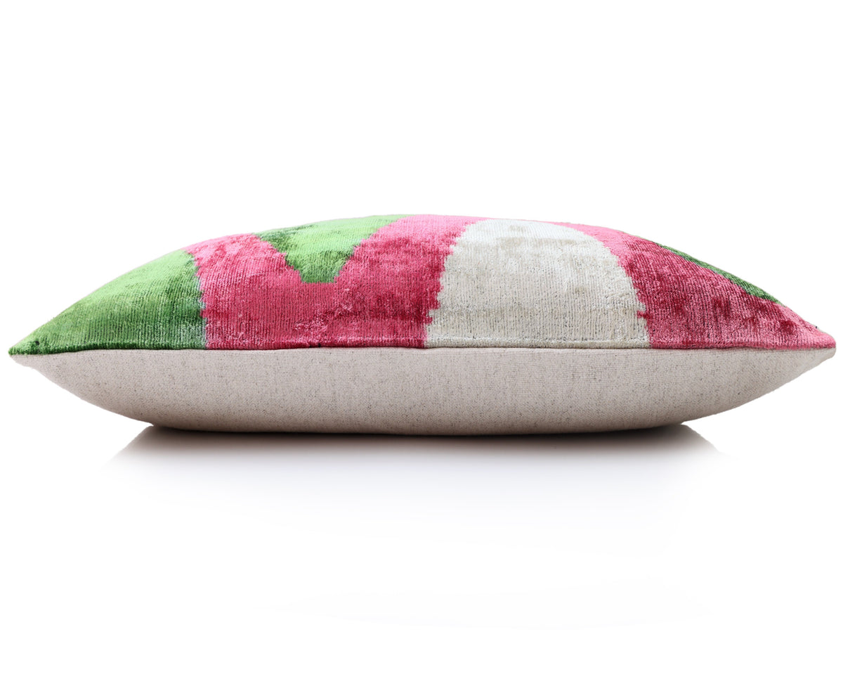 Hand-Knotted Silk Velvet Ikat Lumbar Pillow - 16x24 Pink & Grass Green