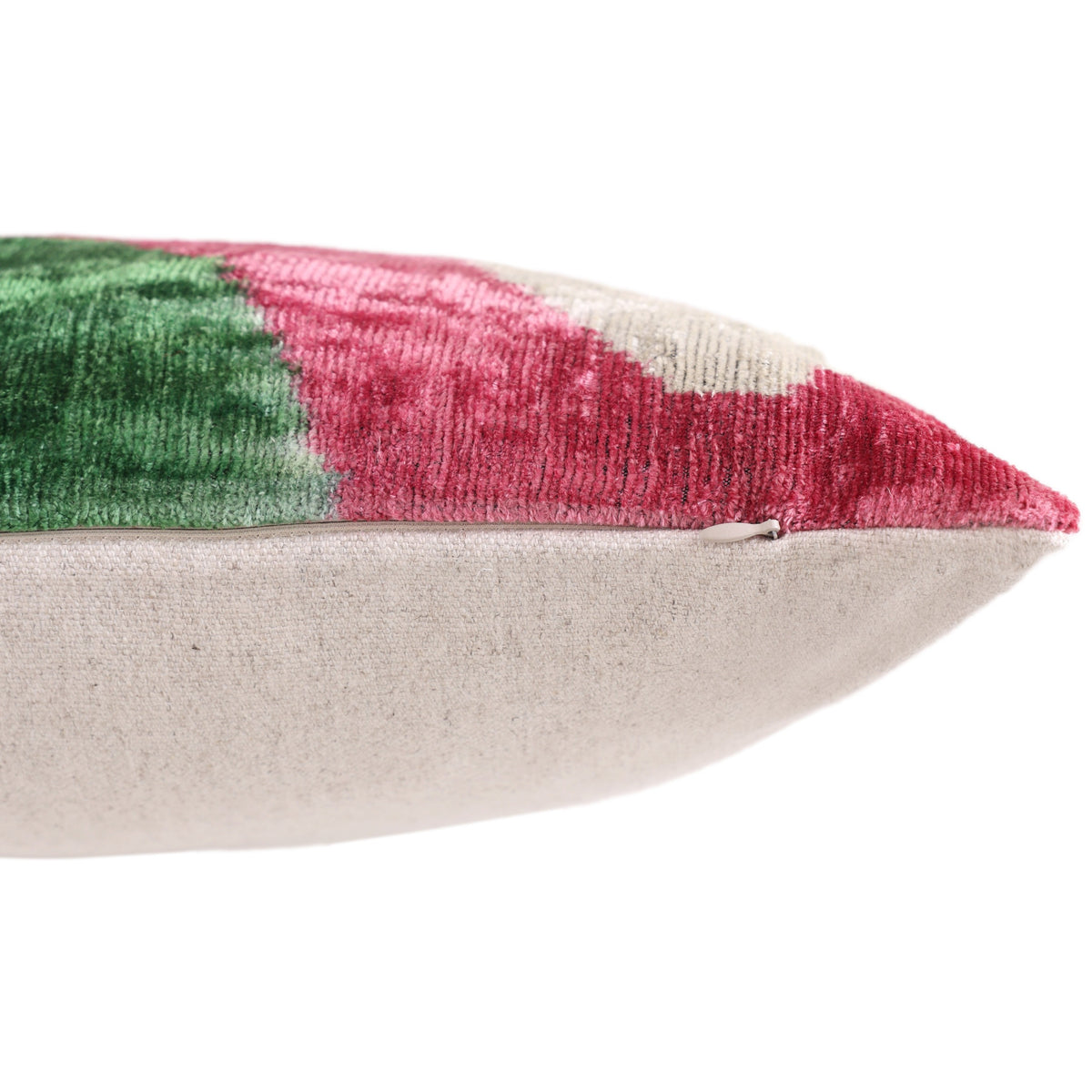 Hand-Knotted Silk Velvet Ikat Lumbar Pillow - 16x24 Pink & Grass Green
