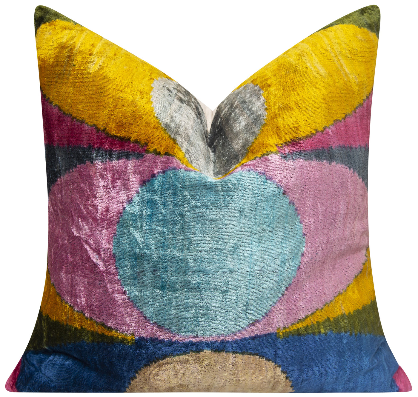 Luxury Silk Velvet Throw Pillow - Mustard Yellow, Teal, Pink, and Navy Mid-Century Modern Geometric Design, 20x20 in