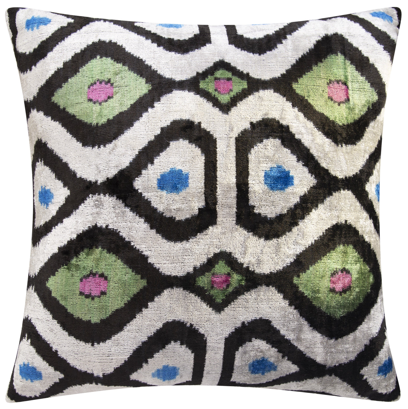 Luxury Silk Velvet Throw Pillow - Black, Green, Blue, and Pink Ikat Design, 20x20