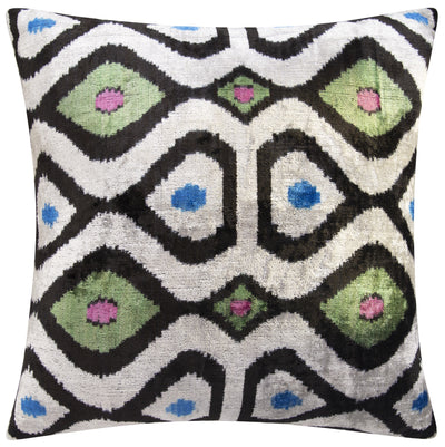 Luxury Silk Velvet Throw Pillow - Black, Green, Blue, and Pink Ikat Design, 20x20