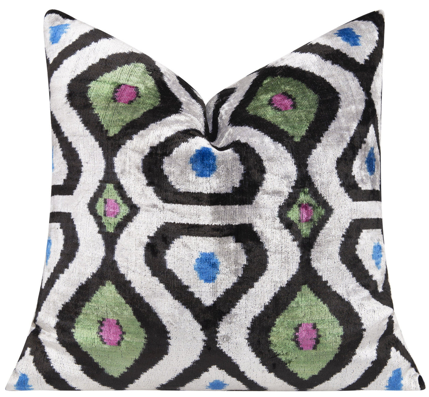 Luxury Silk Velvet Throw Pillow - Black, Green, Blue, and Pink Ikat Design, 20x20