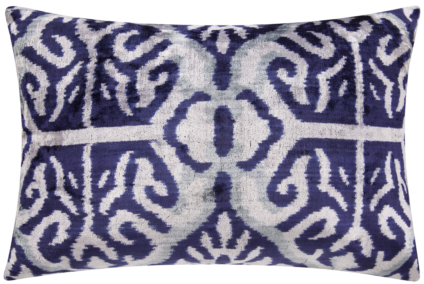 Handmade Geometric Silk Velvet Throw Pillow - 16x24 with Premium Down Feather Insert, Elegant Blue & Gray Ethnic Motif for Sofa, Couch, Bed Decor