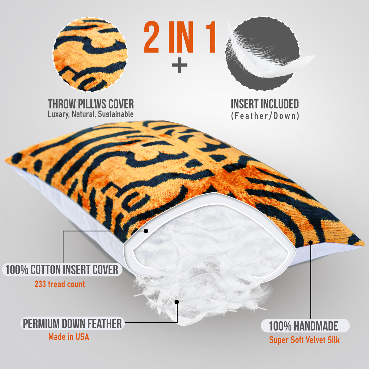 A velvet pillow opened to show its feather-and-down insert in a white cotton case