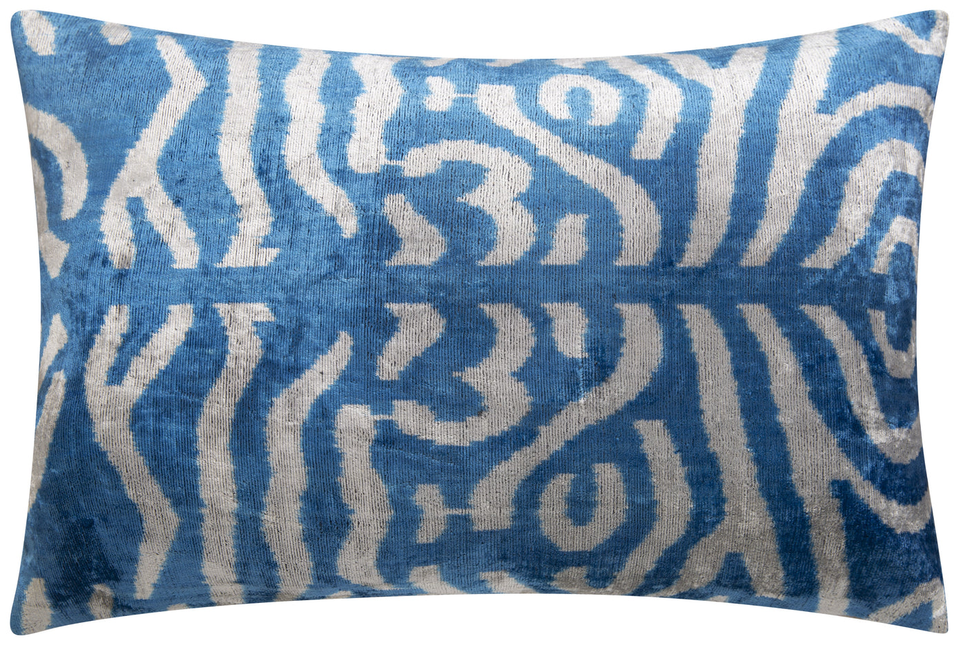 Handmade Silk Velvet Throw Pillow - 16x24 with Premium Down Feather Insert, Hidden Zipper - Blue and White Tiger Print Design for Sofa, Couch, Bed Decor