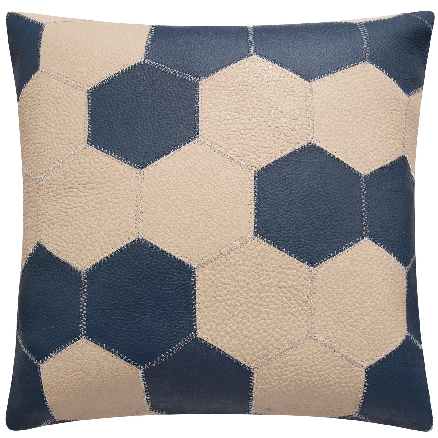 Genuine Cowhide Leather Decorative Throw Pillow - Navy Blue and Cream Hexagonal Patchwork