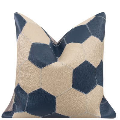 Genuine Cowhide Leather Decorative Throw Pillow - Navy Blue and Cream Hexagonal Patchwork