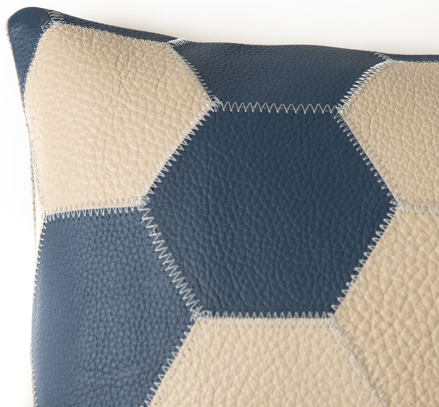 Genuine Cowhide Leather Decorative Throw Pillow - Navy Blue and Cream Hexagonal Patchwork