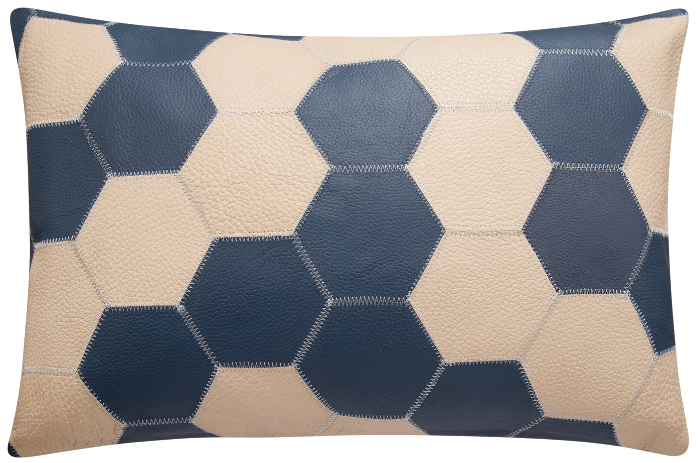 Genuine Cowhide Leather Decorative Throw Pillow - Navy Blue and Cream Hexagonal Patchwork