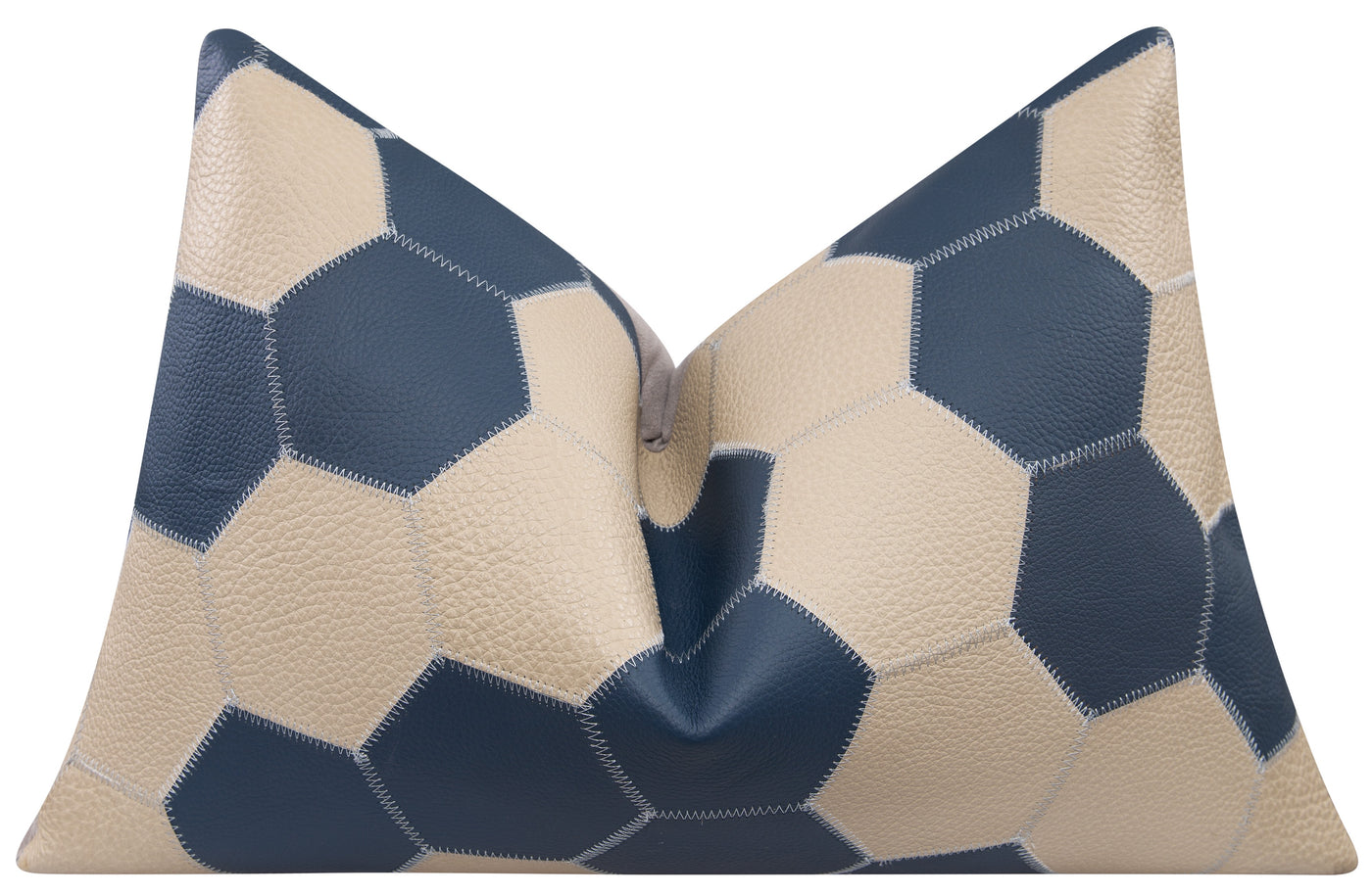 Genuine Cowhide Leather Decorative Throw Pillow - Navy Blue and Cream Hexagonal Patchwork