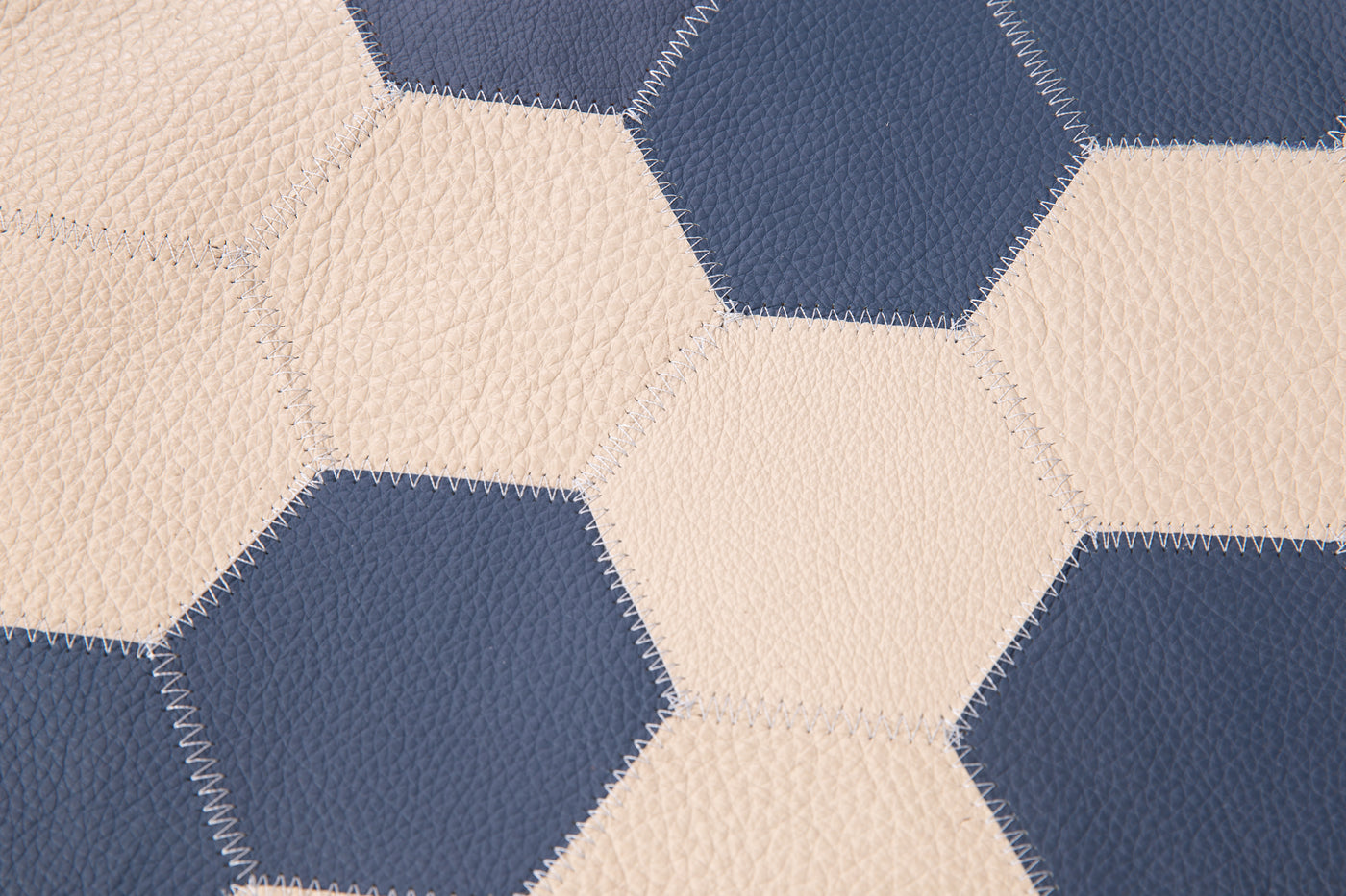 Genuine Cowhide Leather Decorative Throw Pillow - Navy Blue and Cream Hexagonal Patchwork