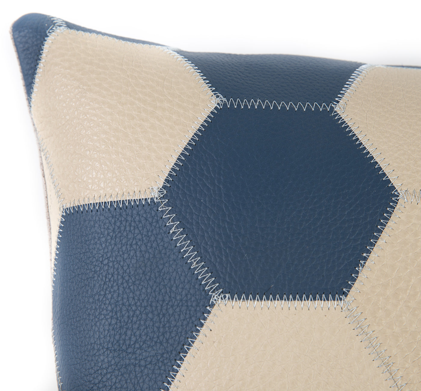 Genuine Cowhide Leather Decorative Throw Pillow - Navy Blue and Cream Hexagonal Patchwork