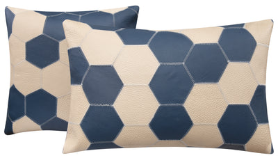 Genuine Cowhide Leather Decorative Throw Pillow - Navy Blue and Cream Hexagonal Patchwork