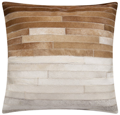 Genuine Cowhide Leather Decorative Throw Pillow - Beige and Ivory Striped Patchwork, 20x20