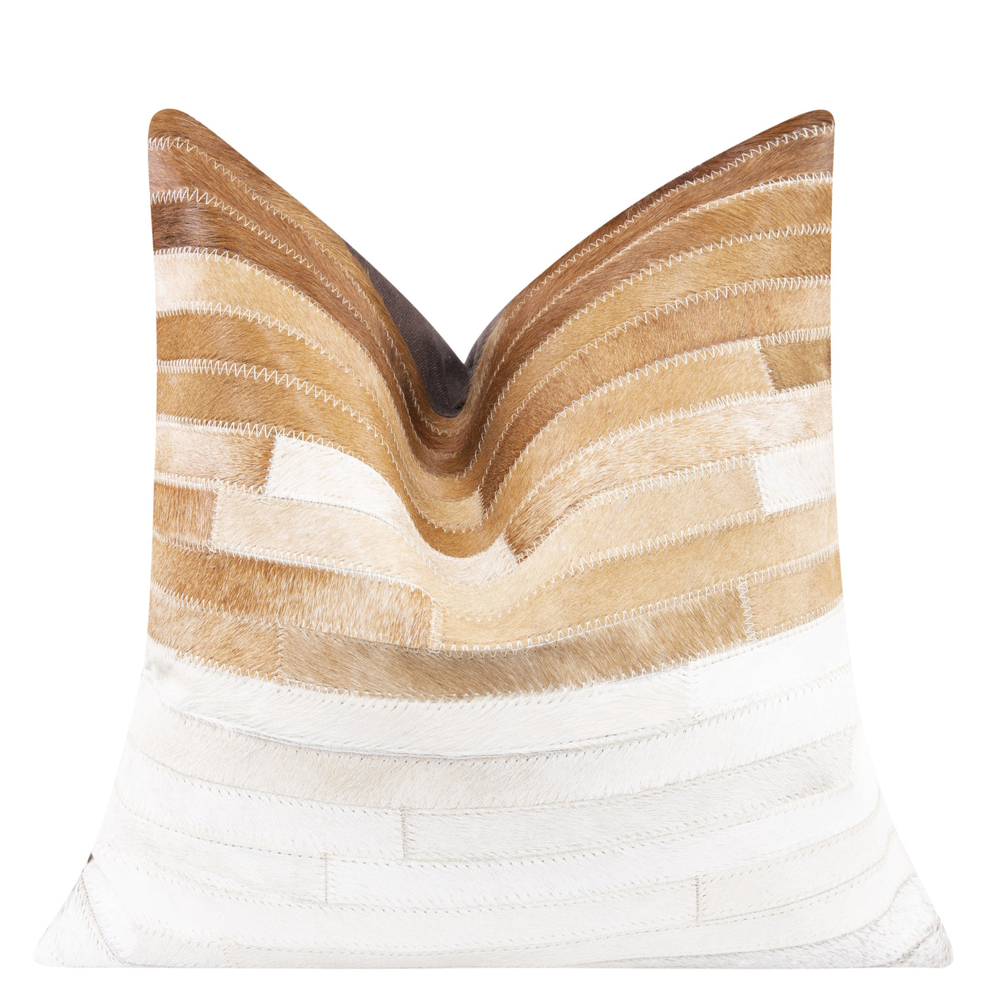 Genuine Cowhide Leather Decorative Throw Pillow - Beige and Ivory Striped Patchwork, 20x20