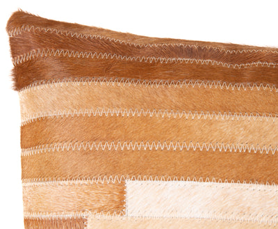 Genuine Cowhide Leather Decorative Throw Pillow - Beige and Ivory Striped Patchwork, 20x20