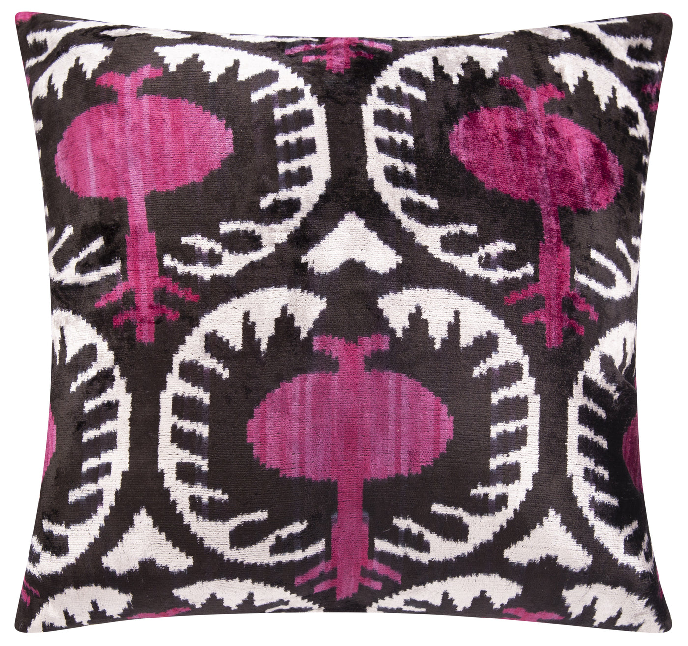 Handmade Velvet Silk Throw Pillow - Black and Magenta Ikat Design, 20x20 in