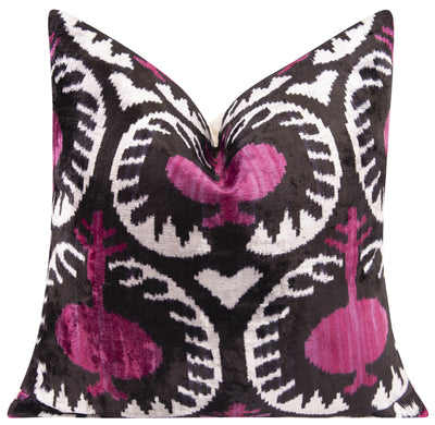 Handmade Velvet Silk Throw Pillow - Black and Magenta Ikat Design, 20x20 in