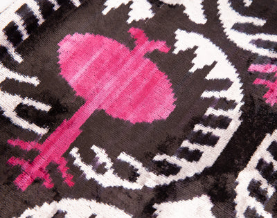 Handmade Velvet Silk Throw Pillow - Black and Magenta Ikat Design, 20x20 in