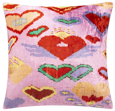 Handmade Silk Velvet Throw Pillow 20x20 in - Pink & Red Heart Pattern with Down Feather Insert