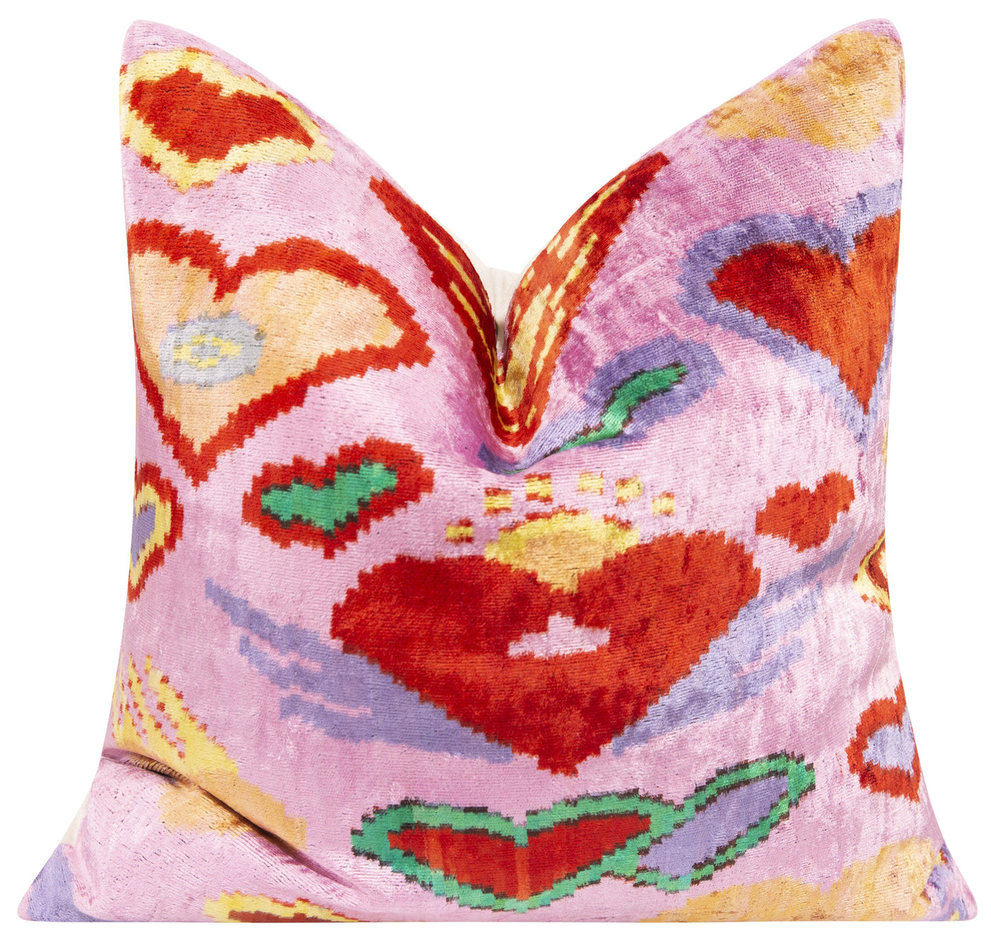 Handmade Silk Velvet Throw Pillow 20x20 in - Pink & Red Heart Pattern with Down Feather Insert