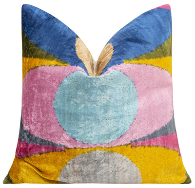 Handmade Silk Velvet Throw Pillow 20x20 - Multicolor Circle Design with Down Insert