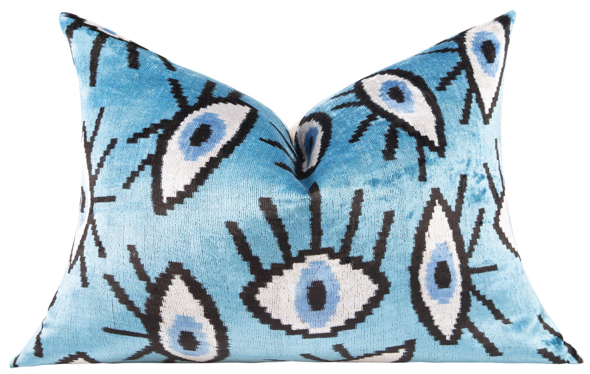 Canvello Handmade Velvet Evil Eye Pillow – 16x24 Luxury Decorative Throw Cushion for Home Decor – Feather Down Insert, Vegetable-Dyed, Vibrant Blue Accent