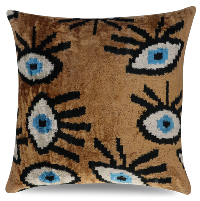 Brown Beige Evil Eye Pillow | Tan Silk Accent Pillow | Canvello
