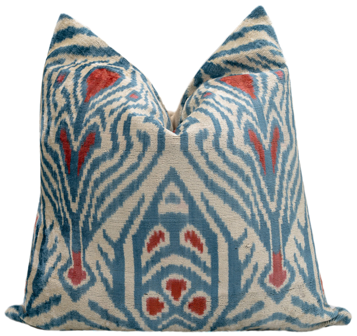 Blue Ikat Silk Velvet Throw Pillow 20x20 | Handmade Designer Accent Pillow