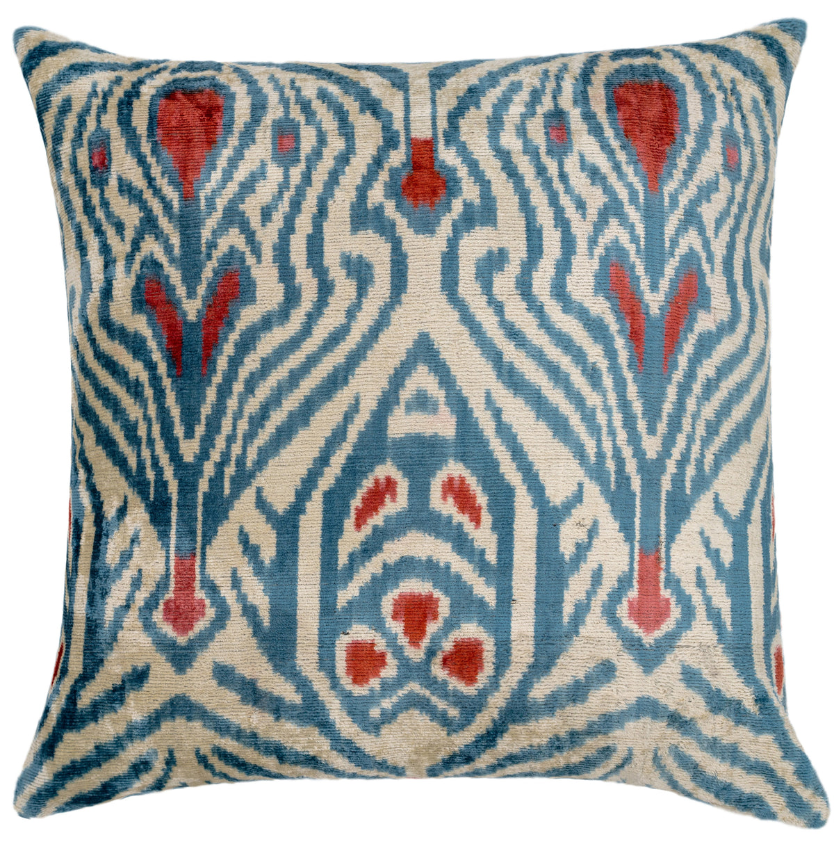 Blue Ikat Silk Velvet Throw Pillow 20x20 | Handmade Designer Accent Pillow