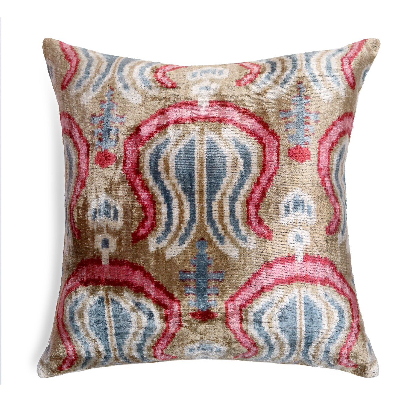 Taupe Blue Red Silk Velvet Pillow – 20x20 Handmade Ikat Luxury Cushion