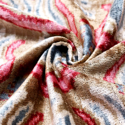 Taupe Blue Red Silk Velvet Pillow – 20x20 Handmade Ikat Luxury Cushion