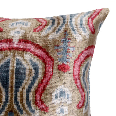 Taupe Blue Red Silk Velvet Pillow – 20x20 Handmade Ikat Luxury Cushion