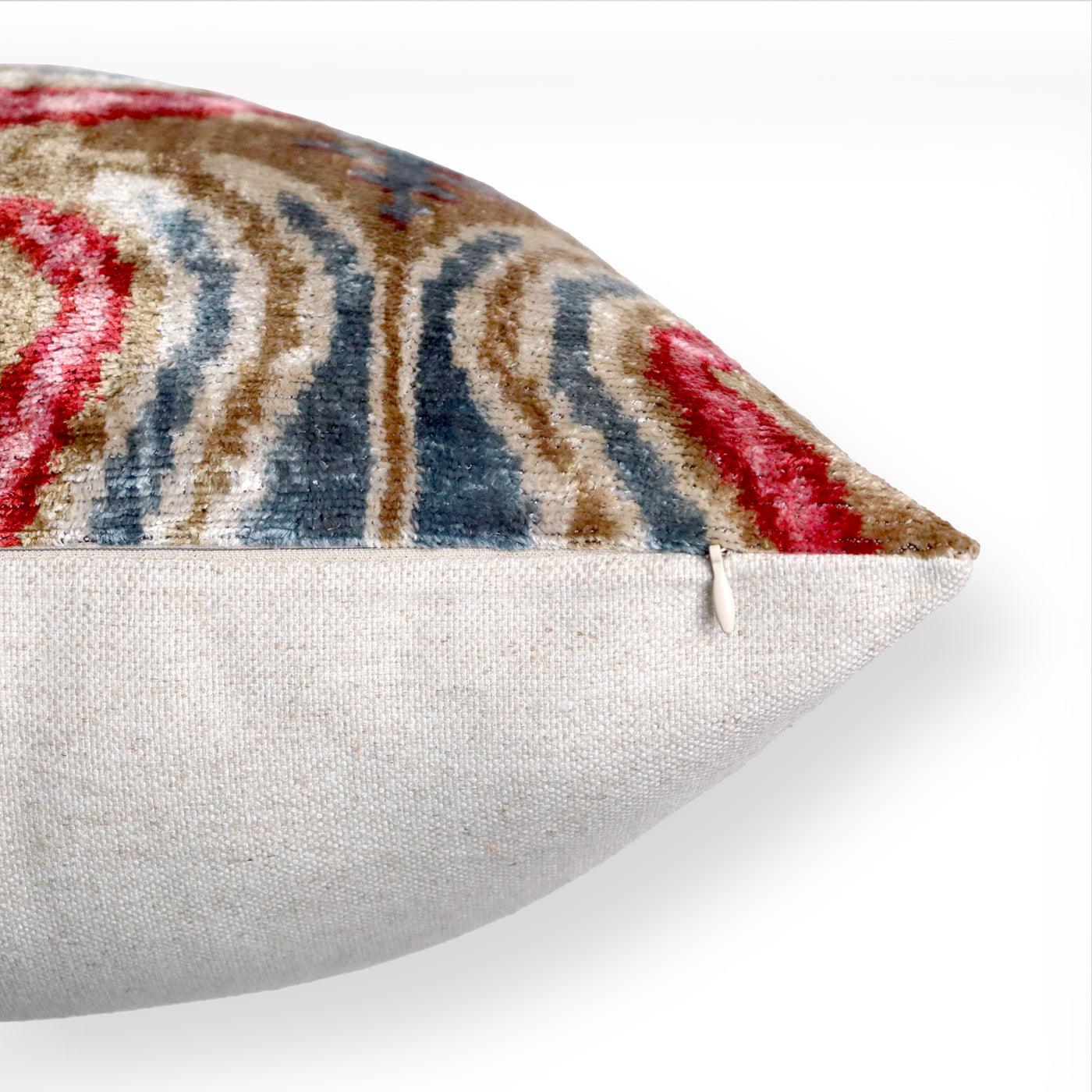 Taupe Blue Red Silk Velvet Pillow – 20x20 Handmade Ikat Luxury Cushion