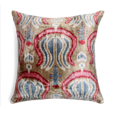 Taupe Blue Red Silk Velvet Pillow – 20x20 Handmade Ikat Luxury Cushion