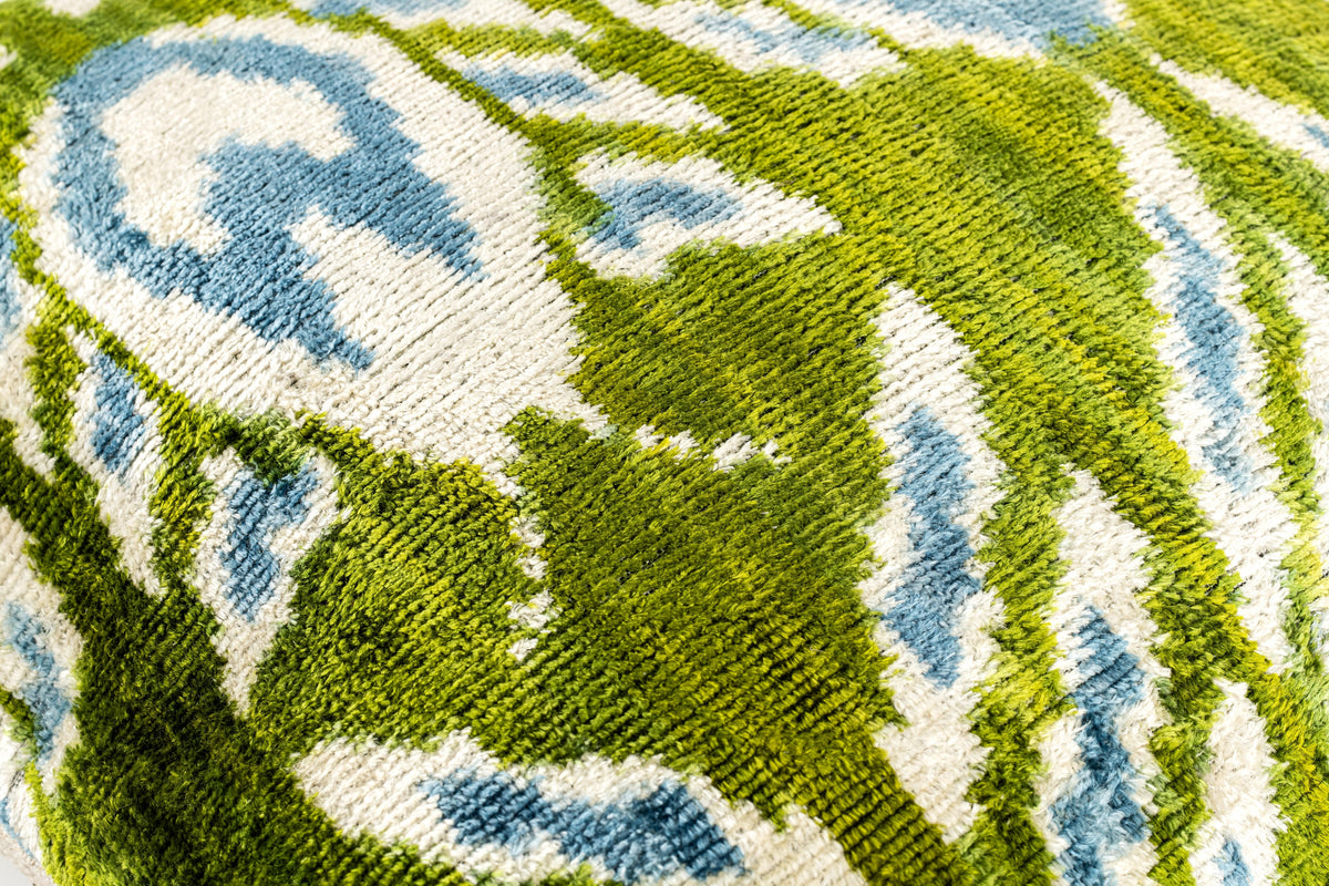 Handmade 16x16 Velvet Throw Pillow – Green, Blue, and White Ikat Pattern with Down Insert for Boho-Chic Deco