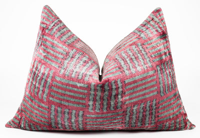 Canvello Organic Handmade Silk Velvet Pillow: 16x24 Inches with Premium Down Feather Insert - Luxury Red Gray Geometric Pattern