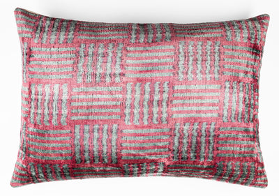 Canvello Organic Handmade Silk Velvet Pillow: 16x24 Inches with Premium Down Feather Insert - Luxury Red Gray Geometric Pattern