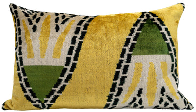Handmade Gold Green Geometric Design Throw Pillow - 16x24 inch, Vegetable Dyed with Premium Down Feather Insert