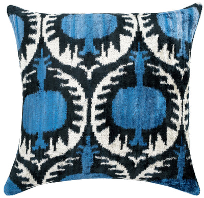 Blue Black Silk Velvet Ikat Pillow – 20x20 Handmade Luxury Throw Cushion