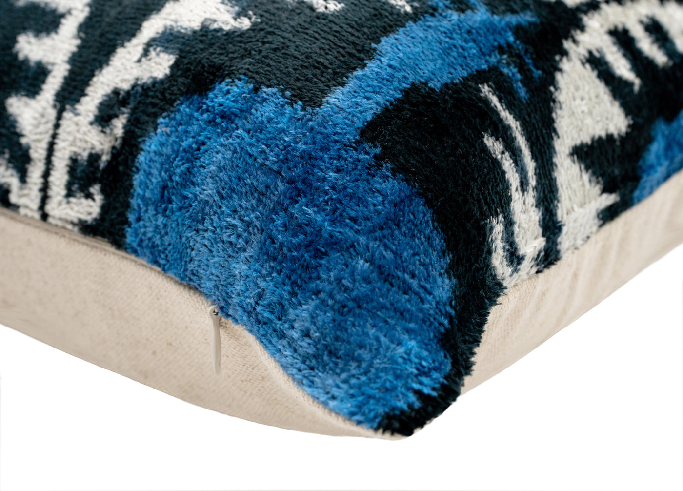 Blue Black Silk Velvet Ikat Pillow – 20x20 Handmade Luxury Throw Cushion